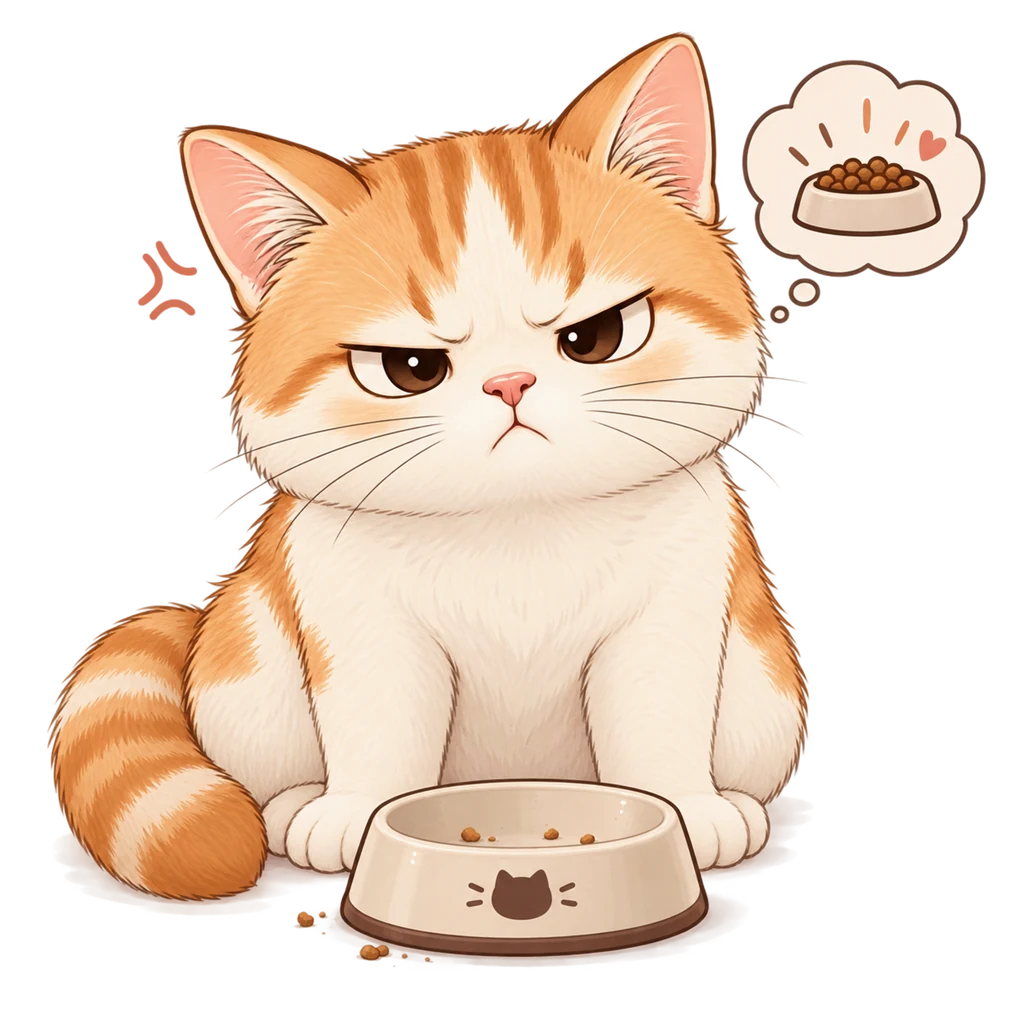 Miso the ginger cat sitting in front of an empty bowl, thinking about food.